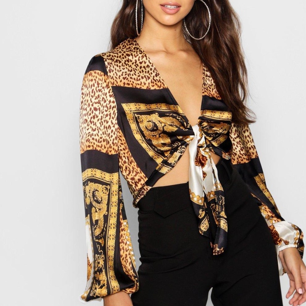 Leopard print tie front top